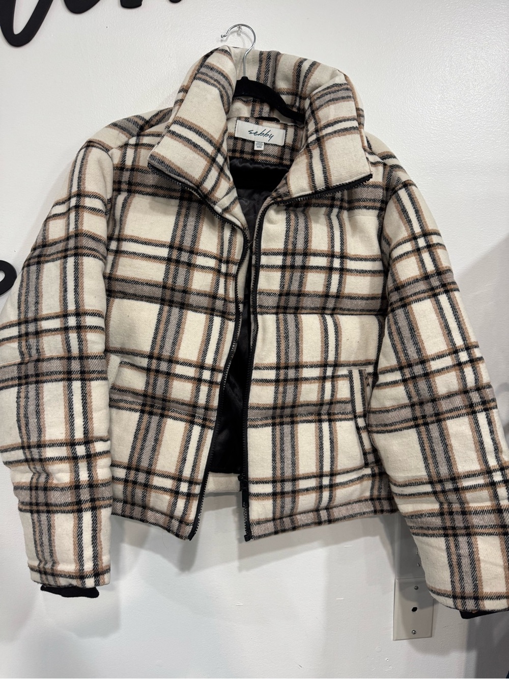 Sebby Plaid Puffer Jacket in Cream, Brown & Black